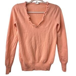 Sm JCrew 100% Cashmere Ruffle VNeck Sweater Peach 2009 Soft Classic Quiet Luxury